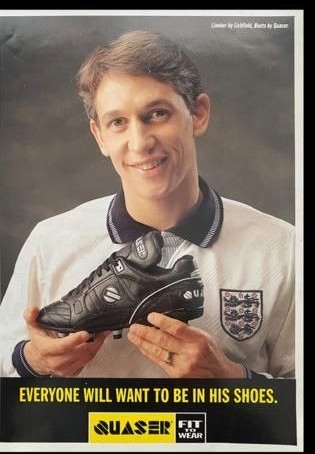 Gary Lineker holding a Quaser football boot in a vintage advert: Everyone will want to be in his shoes